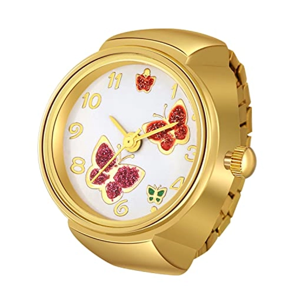 JewelryWe Men Women Finger Watches Gold Plated Elastic Watch Rings Simple Round Quartz Ring Watches, for Mother’s Day