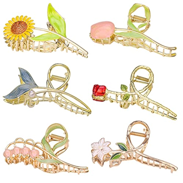 6 Pcs Flower Metal Hair Claw Clips Large Tulip Nonslip Hair Barrettes Strong Hold Hair Clamps Fashion Hair Accessories for Woman and Girls With Long Thick Thin Curly Hair