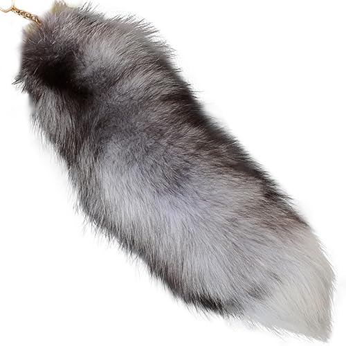 Hperu Animal Tail,Fox Tail 15.75inch Animal Tail Shaggy Faux Fur Tail Realistic Fox Tail Keychain Decorative Therian Tail for Handbag Backpack Cosplay, Silver - Silver