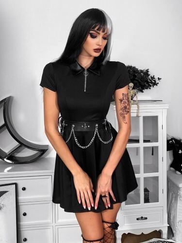 Gothic O-ring Quarter Zip Plicated Hem Dress Without Belt