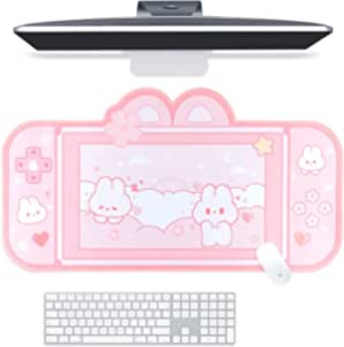 BelugaDesign Bunny Desk Pad | NS Switch Keyboard Gaming Mat Large Mat Mousepad | Pastel Pink Animal Kawaii Cute Anime Desk Blotter Protector (Pink Rabbit, Large) - Pink