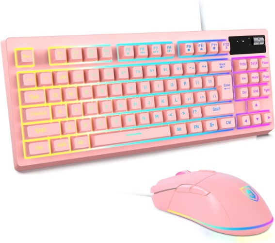 RGB Pink Gaming Keyboard and Mouse Combo,87 Keys Gaming Keyboard Wired RGB Backlit Gaming Keyboard Mechanical Feeling with RGB 7200 DPI Pink Gaming Mouse Set for PC MAC PS4 Xbox Laptop - PINK-Wired