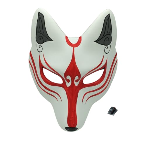 YangYong Kitsune Fox Mask for Halloween Masquerade Party, Kabuki PU Masks for Costume - full face - Grey Ear+red Face+black Nose