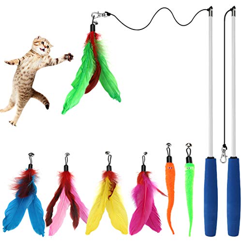 Cat Toys Feathers Wand, Interactive Cat Toy Kitten Toys 2 Retractable Cat Wand Toy and 7 Feather Teaser Refills with bells, Telescopic Cat Fishing Pole Toy for Indoor Bored Cats Gifts Exercise Pack - 2 Cat Wand Set