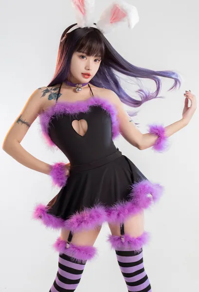 Bunny Girl Sexy Lingerie Set Homewear Purple Black Furry Halter Bodysuit with Skirt and Thigh Socks