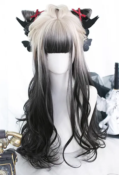 Women Lolita White and Black Gradient Natural Wave Curly Cosplay Wig Heat Resistant Fiber Long Wavy Hair