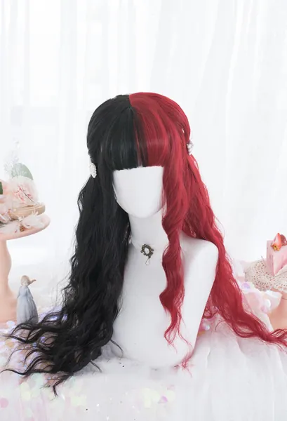 Halloween Cosplay Witch Gothic Loli Wig Black Red Gradient Color Wig Long Curly Wig