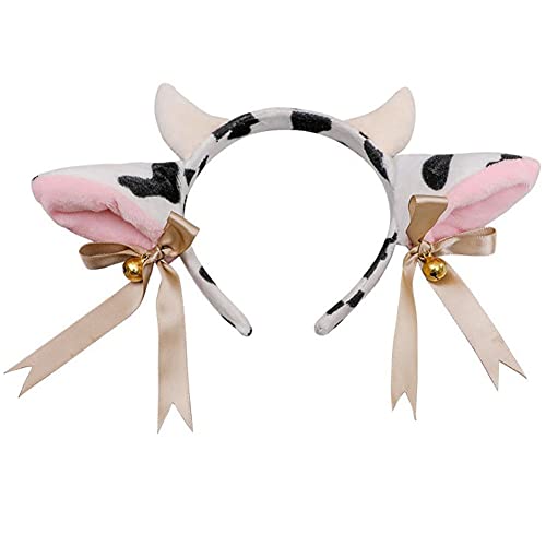 Plush Cow Headband Animals Ears Headband Bells Bow Cow Ears and Horns Hair Hoop Hairband Fancy Dress Cosplay Party Costume Ears Headwear