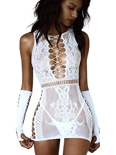 Bommi Fairy Damen Sexy Spitzen Set Mesh Dessous Set Fischnetz Babydoll Mini Kleid Free Size Bodysuit Nachtwäsche Unterwäsche Sexy Perspektiv Dessous Lingerie - 3-teiliges Set - Weiß