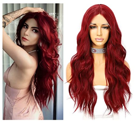 Sapphirewigs Rote Perücke Lace Front Wig wellige synthetische Perücke für Frauen 13 x 2,5 lange Perücken Halloween hitzebeständig Perücke 24inch - CQ-Rot
