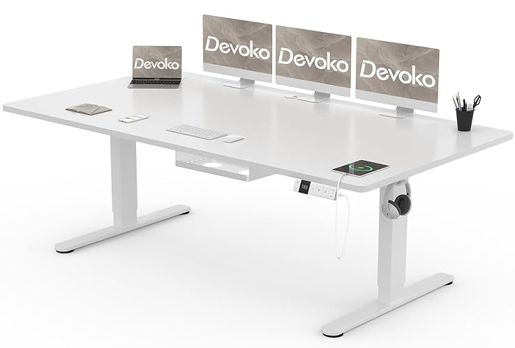 Devoko Höhenverstellbarer Schreibtisch 200x80cm mit Typ-C Ladeanschluss, Mobiler Elektrisch Computertisch mit Kabel Management Tray und 3-Funktions-Memory, Weiß - 200 x 80 cm - Weiß