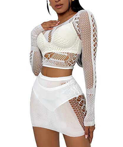 Buitifo Frauen Dessous Set Sexy Mesh Two Piece Sets Langarm Tops und Bodycon Röcke - Einheitsgröße - Weiß