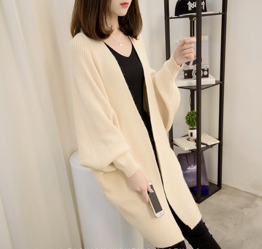 Womens Mid Length Open Cardigan With Pockets - Beige / OS