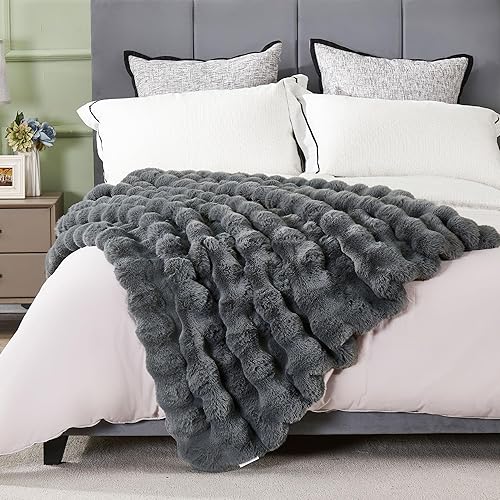 DREAMNINE Extra Soft Fuzzy Faux Rabbit Fur Throw Blanket for Couch Bed 50" x 60", Reversible Long Shaggy Thick Warm Fluffy Blanket for Winter, Decorative Gray Cozy Plush Cute Bubble Furry Blanket,Grey - Grey - Throw/Travel Size - 50" x 60"