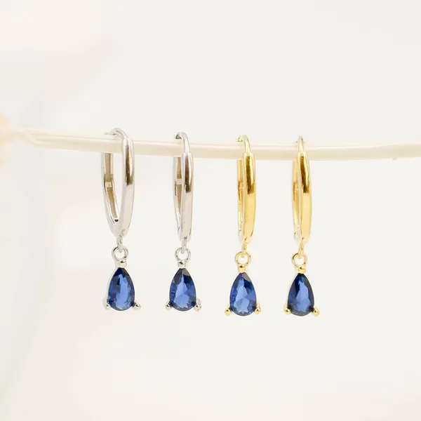 Sapphire Blue Teardrop Huggie Hoop Earrings, Bridal Jewelry, Minimalist Sapphire Earrings, Sterling Silver Earrings