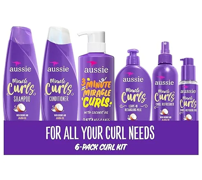 Aussie Miracle Curls Set: Shampoo, Conditioner, Deep Hydration, Spray Gel, Detangling Milk, and Oil Hair Treatment, Curl Oil, Coconut & Jojoba, Frizz Control, 6 Pieces - 55.8 Fl Oz (Pack of 1)