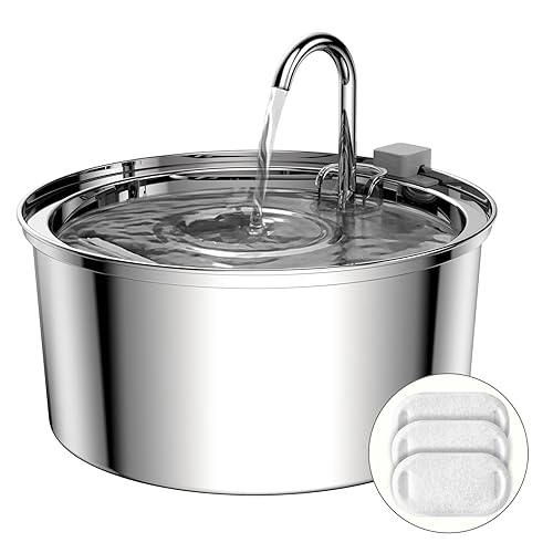 Tomxcute Cat Water Fountain, 3.2L/108oz Automatic Stainless Steel Pet Fountain - 3.2L Cat Water Fountain + 3 Filters