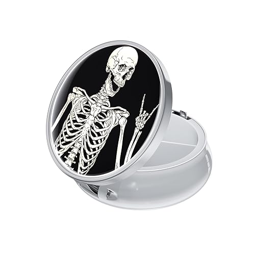 Rouidr Travel Pill Organizer, Small Pill Box, 3 Compartment Cute Pill Case for Purse, Portable Medicine Pill Holder to Hold Vitamins, Cod Liver Oil, Supplements and Medication, Silver(Skull) - Skull - Silver