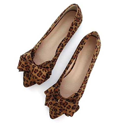 TN TANGNEST Women Fashion Bowknot Flats Comfort Pointed Toe Dress Shoes - 9 - Leopard Brown