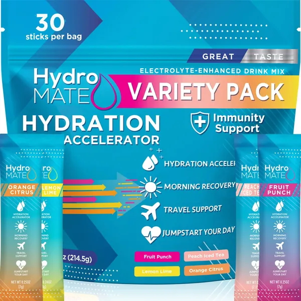 HydroMATE Electrolytes Powder Drink Mix Packets Hydration Accelerator Low Sugar Rapid Hangover Party Recovery Plus Vitamin C Variety Pack 30 Sticks - 30 Count (Pack of 1)