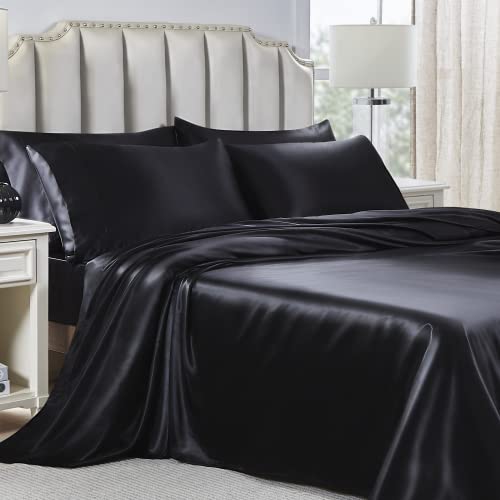 Satin Sheets Queen 6 Pc - Satin Bed Sheets Queen Set, Black Satin Sheets Queen Satin Sheet Set, Satin Queen Sheets Set, Queen Satin Sheets Size Bed Set - Bed Sheets Queen Sheets, Black Sheets Queen - Queen - Black