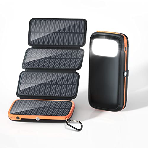 CONXWAN Chargeur Solaire 26800mAh, Batterie Externe avec 4 Panneaux Solaire et 3 Sorties Power Bank USB C Charge Rapide pour Smartphones, Tablette, Outdoor Camping et Autres - Orange