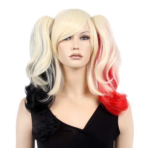 STfantasy Anime Cosplay Ombre Blonde Rouge Noir Queue De Cheval Perruque Longue Bouclés Ondulés Synthétiques Cheveux pour Femmes Clown Cosplay Costume