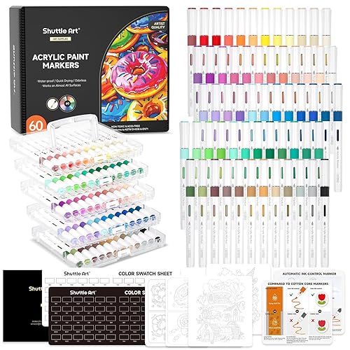 Shuttle Art Automatic Ink Control Acrylic Paint Markers, 60 Colors Brush Tip Acrylic Paint Pens for Rock Painting, Ceramic, Wood, Canvas, Glass, Stone, Fabric, Card Making, DIY & Art Supplies - 60 Colors Brush Tip