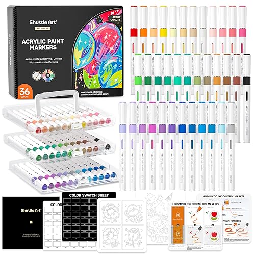 Shuttle Art Automatic Ink Control Acrylic Paint Markers, 36 Colors Brush Tip Acrylic Paint Pens for Rock Painting, Ceramic, Wood, Canvas, Glass, Stone, Fabric, Card Making, DIY & Art Supplies - 36 Colors Brush Tip