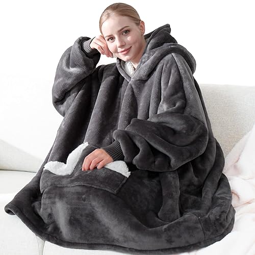 Touchat Wearable Blanket Hoodie, Oversized Sherpa Fleece Sweatshirt Blanket with Giant Hood Pocket and Sleeves for Adult, Warm & Cozy Grey Blanket Gifts for Women - Grey - Solid