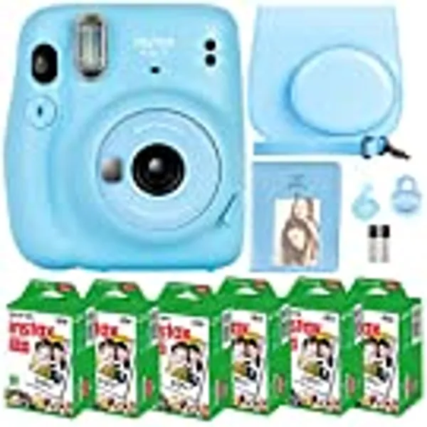 Fujifilm Instax Mini 11 Camera with Fujifilm Instant Mini Film (60 Sheets) Bundle with Deals Number One Accessories Including Carrying Case, Selfie Lens, Photo Album, Stickers (Sky Blue)