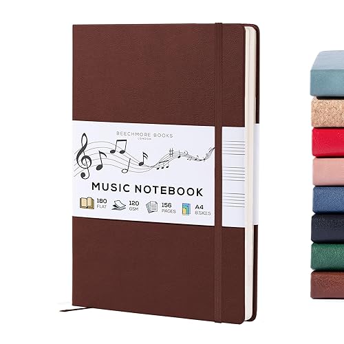 BEECHMORE BOOKS Blank Sheet Music Notebook - A4 156 Thick Pages 8.5 x 11.5 inch, 10-Staff Hardcover Vegan Leather 120gsm Composition Manuscript Paper - Boxed for Gifts Writers, Musicians - Chestnut Brown - A4