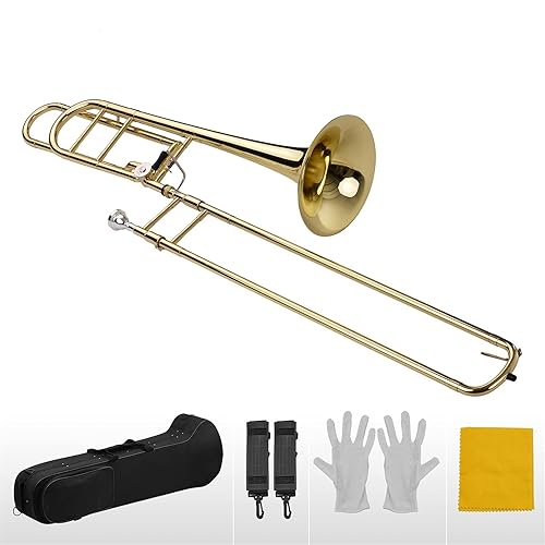 Beginner Upgraded Intermediate Bb Flat Tenor Slide Trombone with F Trigger Including Mouthpiece Carry Case Gloves Cleaning Cloth Trumpet Set