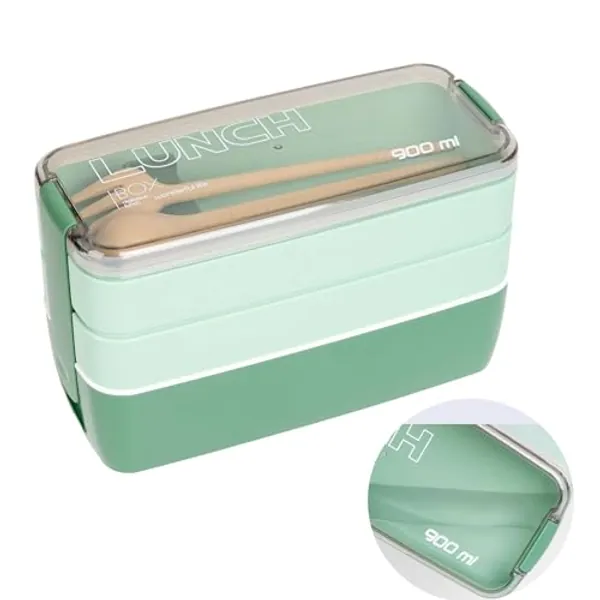 Rarapop Stackable Bento Lunch Box Kit, 3-In-1 Compartment Wheat Straw Lunch Containers with Tableware, Reusable On-the-Go Meal and Snack Containers(Morandi Green)