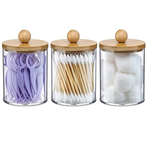 3 Pack Qtip Holder Dispenser with Bamboo Lids - 10 oz Clear Plastic Apothecary Jar Containers for Vanity Makeup Organizer Storage - Bathroom Accessories Set for Cotton Swab, Ball, Pads, Floss