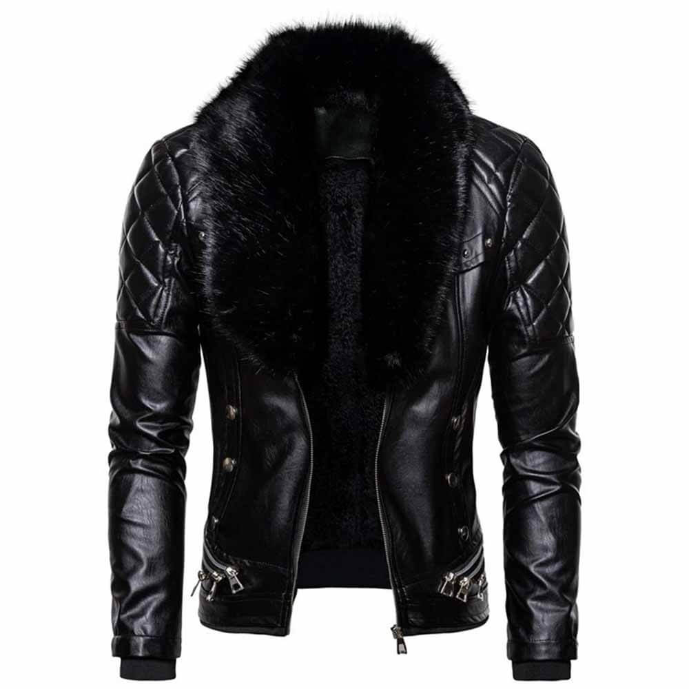 Punk Detachable Fur Collar Thickened PU Leather Jacket - Black / L (Bust 114 cm)