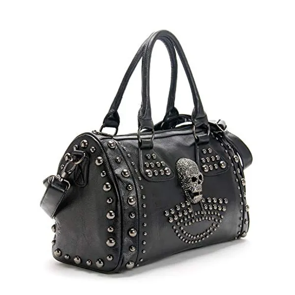 AlwaySky Women Skull Handbag Large Capacity Gothic Shoulder Bag Studded Doctor Handbag