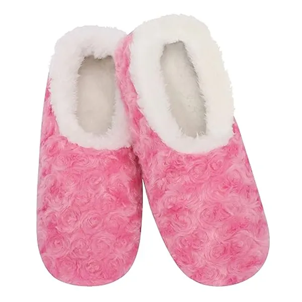 Snoozies Womens Slipper Socks - Cozy Slippers for Women - Fuzzy House Slippers for Indoor Use - Soft Sole Slippers - Roses in Bloom - Large - Pink Rose Hearts