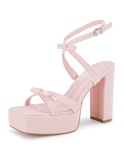 Coutgo Womens Platform Strappy Heels Square Open Toe Bowknot Chunky High Heel Ankle Strap Sexy Party Dress Sandals - 6.5 - Pink