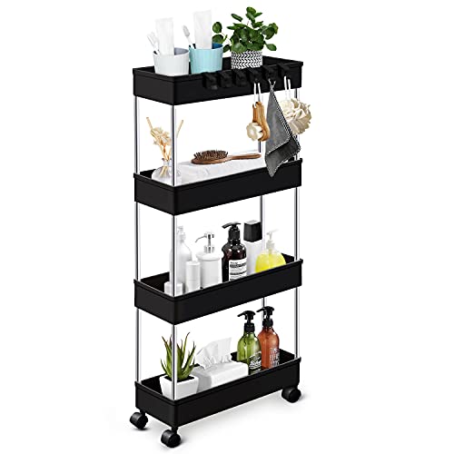 KPX Slim Rolling Storage Cart Kitchen Small Shelves Organizer with Casters Wheels Mobile Bathroom Slide Utility Cart, Small Shelf for Laundry Room, Make Up, Home School, Dorm Room (4-Tier, Black) - Black - Slim-4-Tier