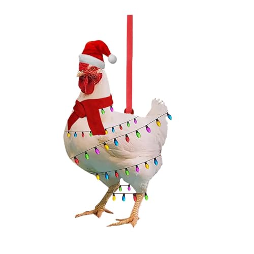 Funny Mini Christmas Ornament, Scarf Chicken Ornaments Cartoon Rooster Hanging Ornament, 2D Chicken Wooden Christmas Decoration for Home Outdoor Ornaments Hangs