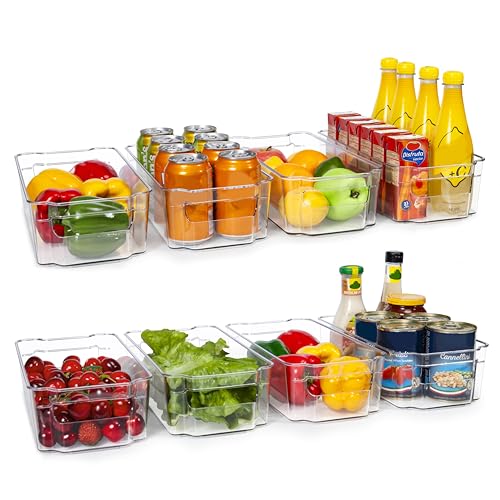 HOOJO Refrigerator Organizer Bins - 8pcs Clear Plastic Bins For Fridge, Freezer, Kitchen Cabinet, Pantry Organization, BPA Free Fridge Organizer, 12.5" Long, Clear - 8 - 12.5" L x 6.3" W x 3.5" H