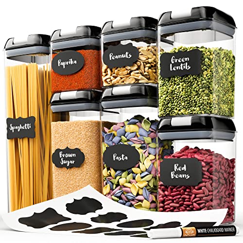 Chef's Path - Set of 7 Airtight Food Storage Containers for Kitchen Storage - Clear Plastic - Durable Strong Lids - Labels and Chalk Marker - Transparent/Green
