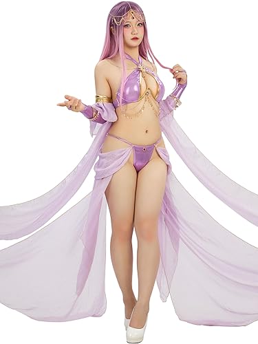 Mobbunny Women's Anime Cosplay Costume Purple Elf Style Gauzy Dress Halter Top and Panty Set with Sleeves Princess Costume - X-Large - Purple