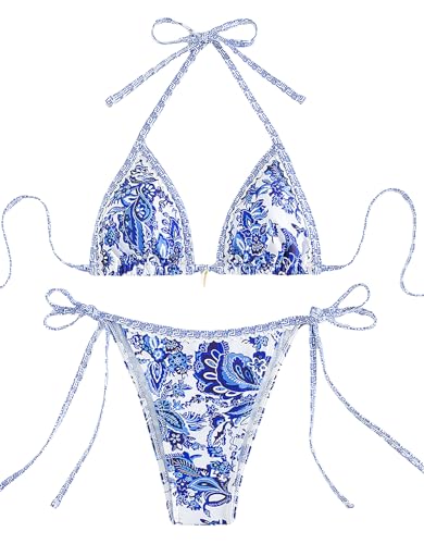 Tainehs Women's Sexy Halter Bikini Set Triangle Top Thong Bikini Swimsuits Cheeky Two Piece Bathing Suit - China Blue - Small