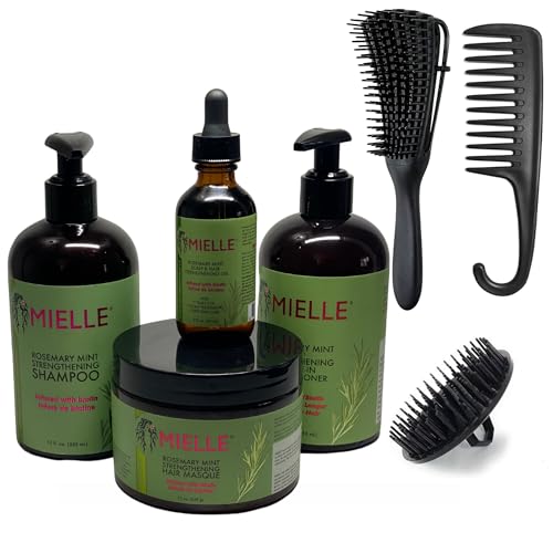 Rosemary Mint Shampoo and Conditioner set Bundle 7 Items: with MIELLE Rosemary Mint Collection MIELLE Shampoo, MIELLE Leave in Conditioner, MIELLE Hair Mask MIELLE Rosemary Mint Hair Oil Unibeauties Detangling Comb, Brush Shampoo Massage Brush