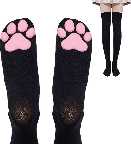 Geyoga Cat Paw Pad Socks Thigh High Pink Cute 3D Kitten Claw Stockings for Girls Women Cat Cosplay - Black-pink