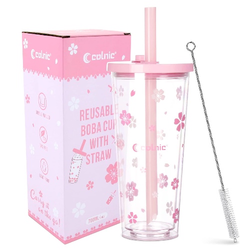 Colnic Reusable Iced Coffee Cup With Lid And Straw, 24Oz/700ml Iced Coffee Tumbler, Boba Cup, Double Wall Clear Tumblers, Bubble Tea Cup, Smoothie Cup, Leakproof Plastic Coffee Cups With 2 Straws - Pink