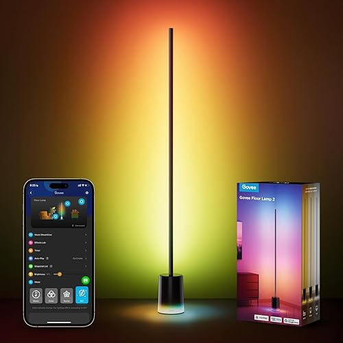 Govee LED Floor Lamp RGBIC, Dimmable Standing Lamp 152cm Work with Alexa and Matter, APP and Remote Control, Music Sync, Multicolour Scene Modes, Black Corner Floor Lamps for Living Room, Bedroom - Black