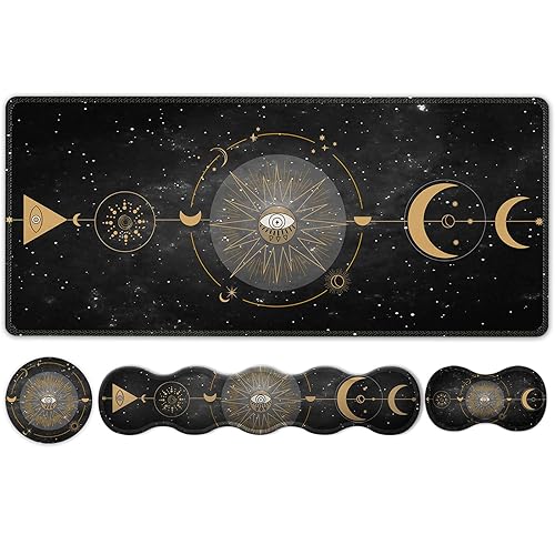 HAOCOO Keyboard Mouse Pad Set, Large Gaming Mouse Pad + Keyboard Wrist Rest + Mouse Pad with Wrist Support + Coaster, Easy Typing Pain Relief, 35.4x15.7in Desk Mat for Home Office, Boho Sun Moon - 4 PCS - Sun Moon